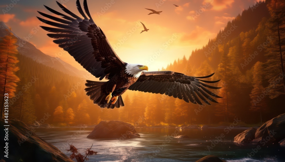 Obraz premium Eagle flying freely above the sky, with a stunning mountain backdrop at sunrise view