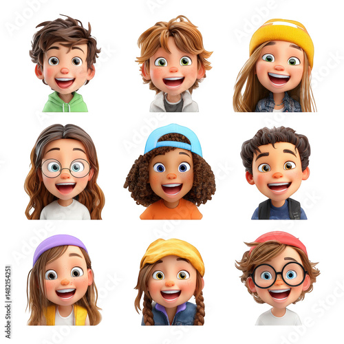 Happy diverse children cartoon characters smiling faces set 3d boy fun on transparent background