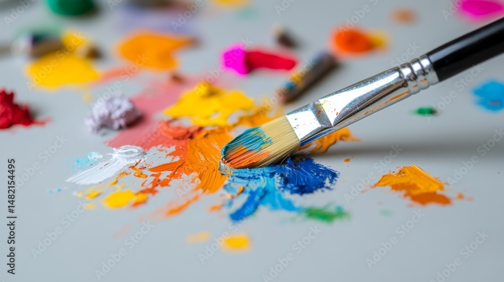 Obraz premium Vibrant paint palette with brush on a creative workspace in bright light showcasing artistic expression and color mixing