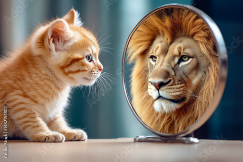 A cat looking at a lion in a mirror