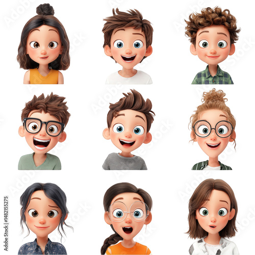 Adorable cartoon children happy diverse expressions set illustrations 3d on transparent background