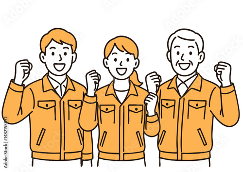 作業服を着た社員チームのガッツポーズイラスト
