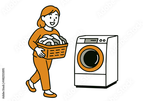 洗濯物を持って洗濯機へ向かう女性のイラスト