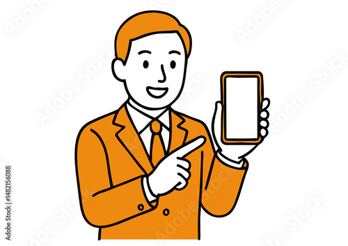 スマートフォンを紹介する笑顔のビジネスマン男性