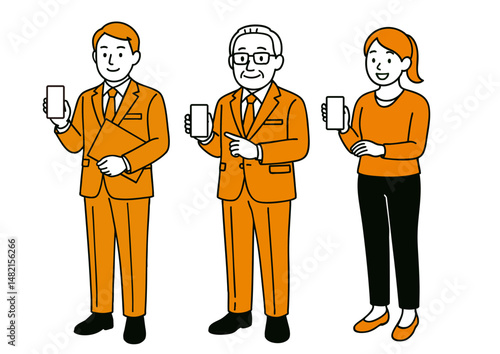 スマホを提示するビジネスパーソンたち（全身イラスト）