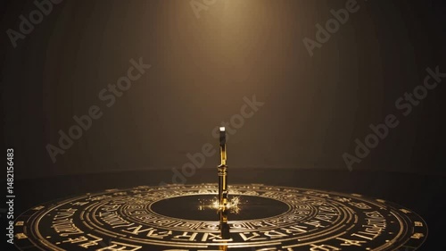 dark chamber filled with swirling mist, a golden key floats in mid-air above a glowing circle inscribed with ancient runes. A beam of golden light rises from the center of the circle, lifting the key 