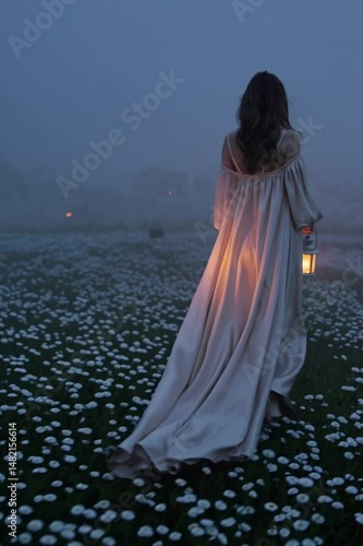 woman in a flowing, pale gown walks slowly through a fog-covered field of wildflowers. The camera follows her from behind as her loose hair drifts in the wind and the hem of her dress trails softly 