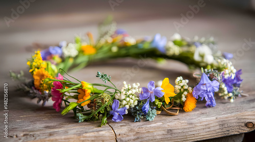 Close up of floral wreath on wooden surface: perfect for midsummer festival branding, folk art promotions, cultural event posters, and nature-inspired photography projects.