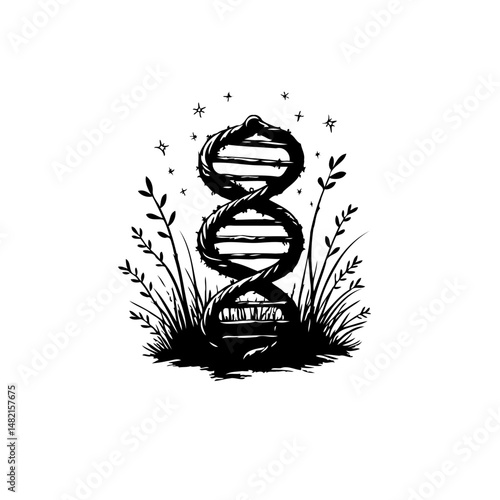 Stylized DNA strand with botanical elements in graphic black and white drawing