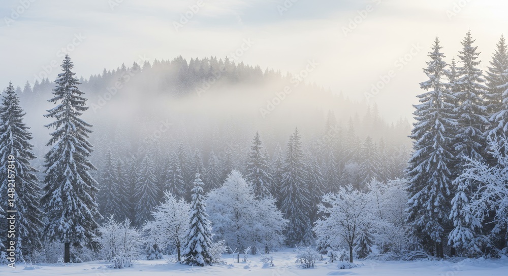 Naklejka premium Photo Snowy Forest Misty Winter Landscape