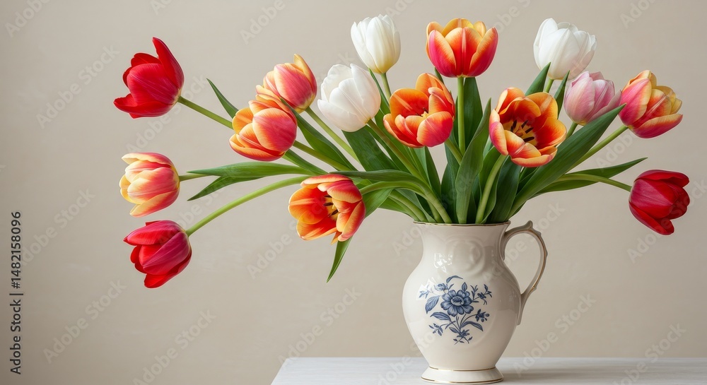 custom made wallpaper toronto digitalPhoto Still Life Colorful Tulips Bouquet in Ornate White Blue Vase