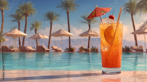 Fruity cocktail with an umbrella on the edge of a sunny pool with palm trees in the background.
