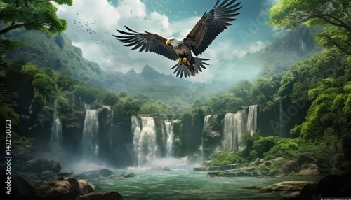 Fototapeta Naklejka Na Ścianę i Meble -  Eagle flying freely above the sky, with a stunning mountain and waterfall backdrop at sunset view