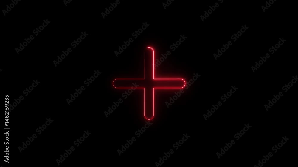 Glowing red neon plus symbol on black background modern abstract animation sign Glowing red neon plus symbol on black background modern abstract animation sign