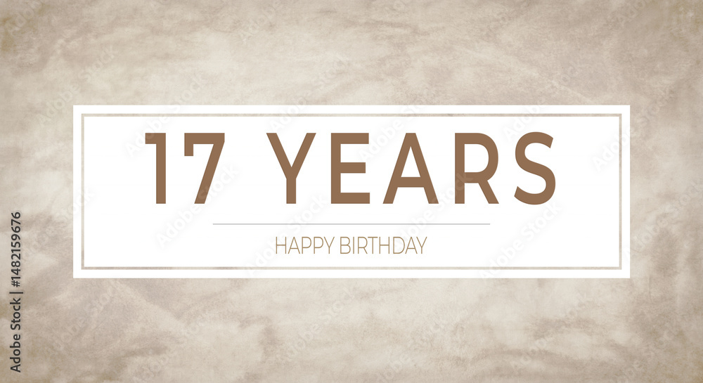 Obraz premium Beige textured background with bold “17 YEARS” typography framed in white — perfect for milestone birthday cards, anniversary invitations, celebratory banners and party designs.