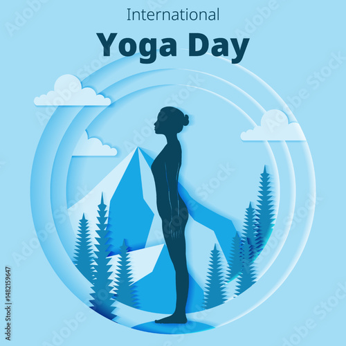 International Yoga Day. Square template. Tadasana or Mountain pose. Paper cut design. Isolated vector illustration