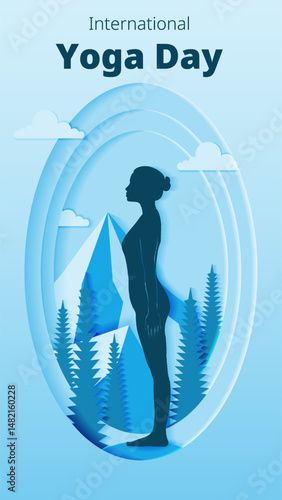 International Yoga Day. Vertical template. Tadasana or Mountain pose. Paper cut design. Isolated vector illustration