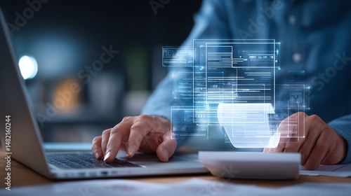 E-Invoice and Digital billing concept, Businessman using laptop to manage electronic statements on virtual screen. E-tax, Digital receipt, Online invoice processing and tax accounting solutions.