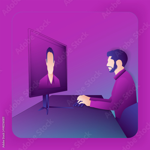Businessman on video call with stakeholder Business talk, growth strategies, and confidence in every decision. Glass morphism. Vector illustration.