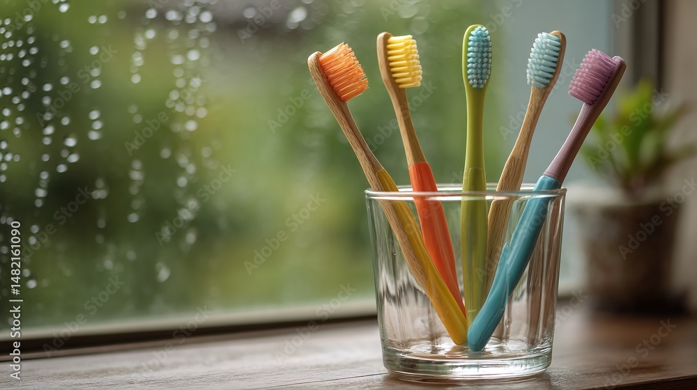 Obraz premium Toothbrushes placed in a glass with a blurred backdrop.