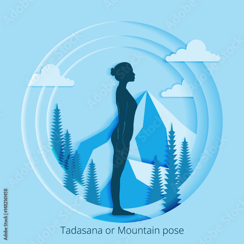 International Yoga Day. Tadasana or Mountain pose. Paper cut design. Isolated vector illustration.