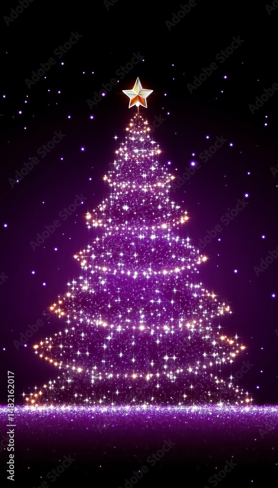 Purple Christmas Tree with Sparkling Lights on a Dark Background, Festive Holiday Decoration Purple Christmas Tree with Sparkling Lights on a Dark Background, Festive Holiday Decoration