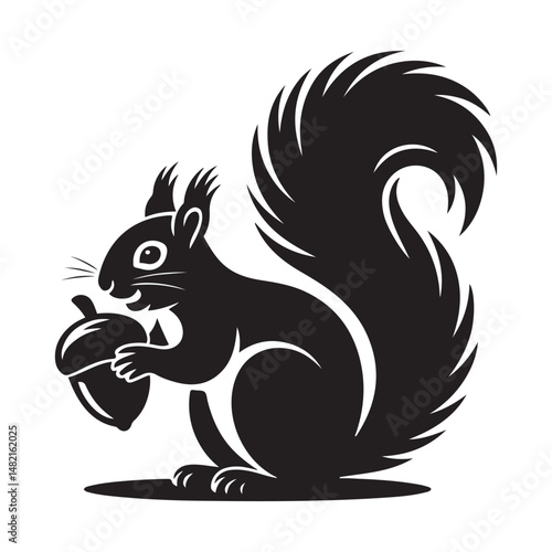 squirrel with bushy tail holding a nut Vector black silhouette. with white background