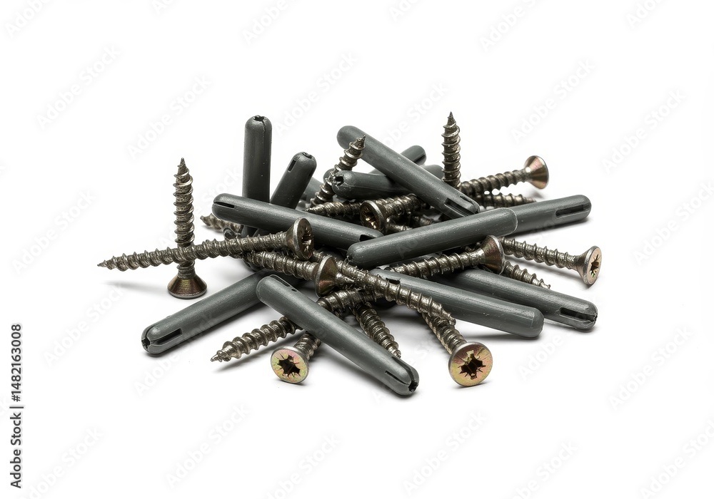 Pile of Screws and Dowels on White Background Pile of Screws and Dowels on White Background