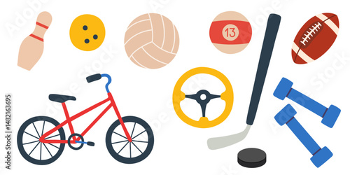 Sports equipment set. Color icon. Vector fitness illustration. Volleyball,  rugby, billiards ball and bicycle