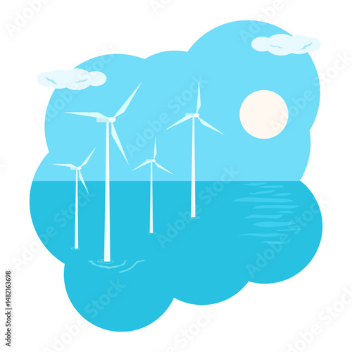 Clean energy. Windmill park. Offshore wind turbines farm on the ocean. Energy production