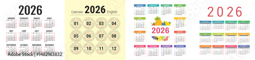 English calendar 2026 year collection. Square vector pocket or wall calender design template set. Week starts on Sunday