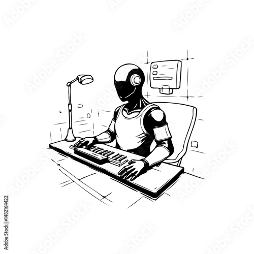 Monochrome illustration of a futuristic humanoid playing a digital keyboard