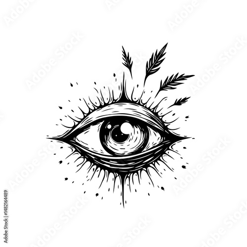Mystical eye with radiating lines and botanical accents in monochrome illustration