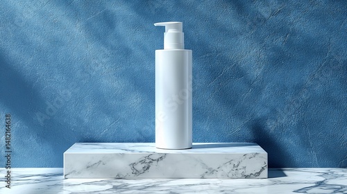 White pump bottle on marble pedestal against a blue backdrop