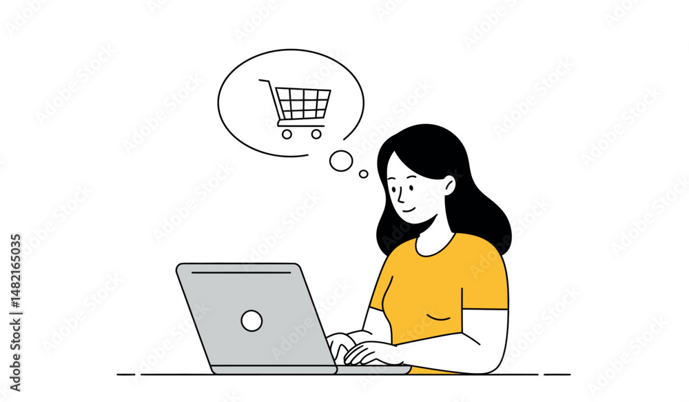 Woman shopping online with laptop and shopping cart icon in thought bubble Woman shopping online with laptop and shopping cart icon in thought bubble