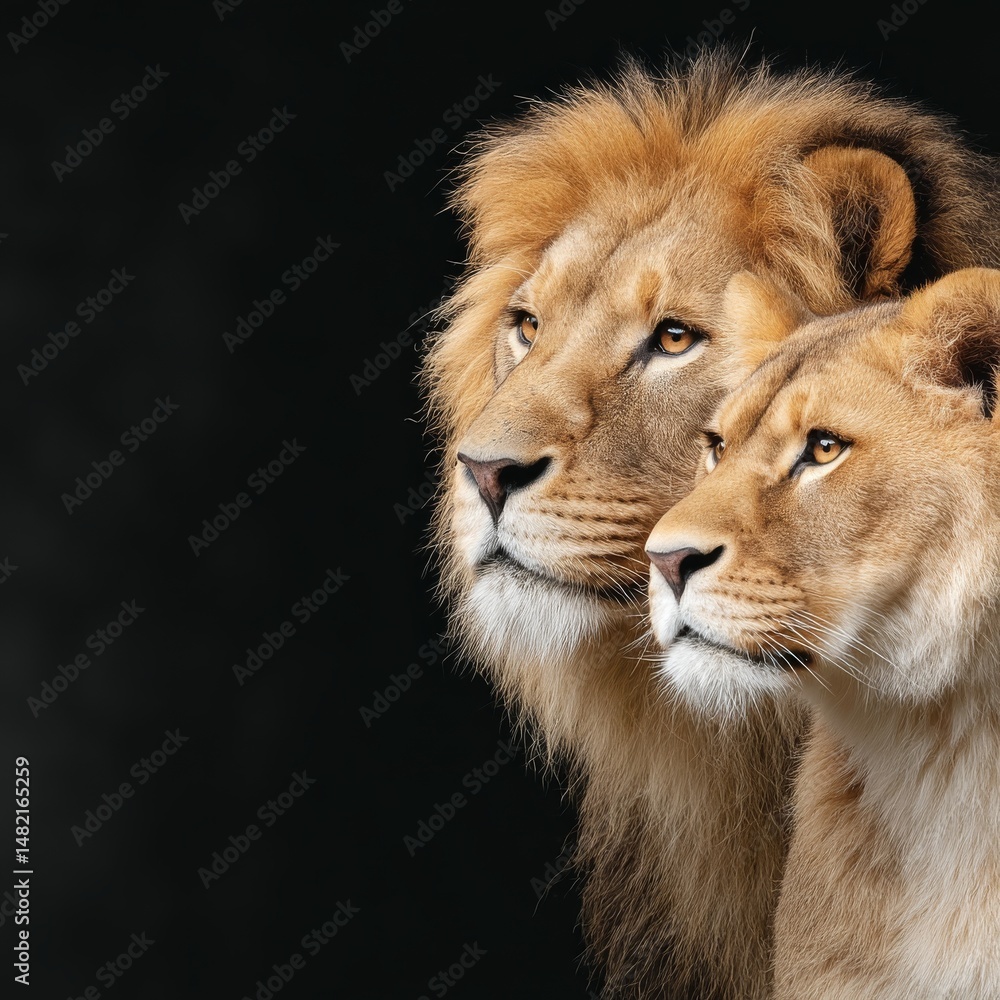 Fototapeta premium Majestic Lion and Lioness Portrait: A Close-up of King and Queen of the Jungle Against a Dark Backdrop