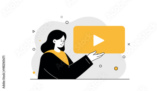 Modern media concept with female character holding play button for video content and digital design