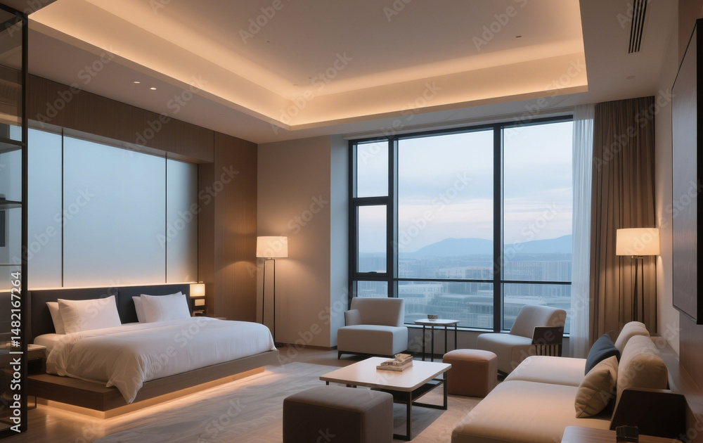 Fototapeta premium Modern hotel interior with large windows, and soft lighting.