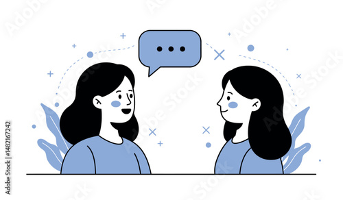 Two women engaged in conversation with speech bubble and decorative elements