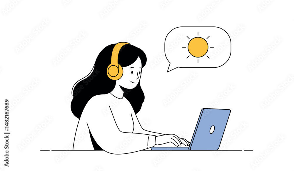 Girl with headphones working on laptop in sunny environment design Girl with headphones working on laptop in sunny environment design