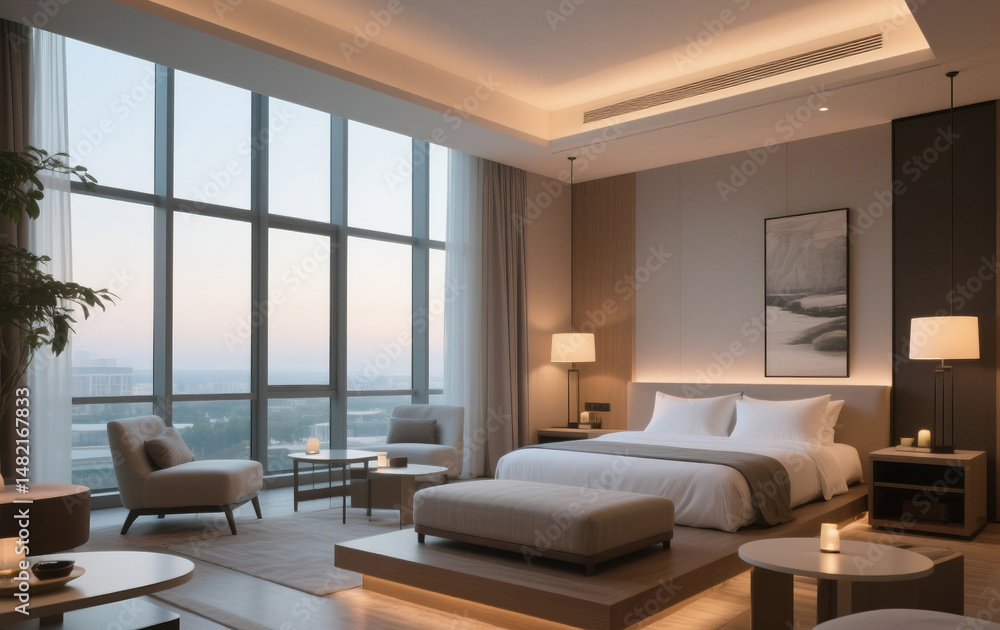 Fototapeta premium Modern hotel interior with large windows, and soft lighting.