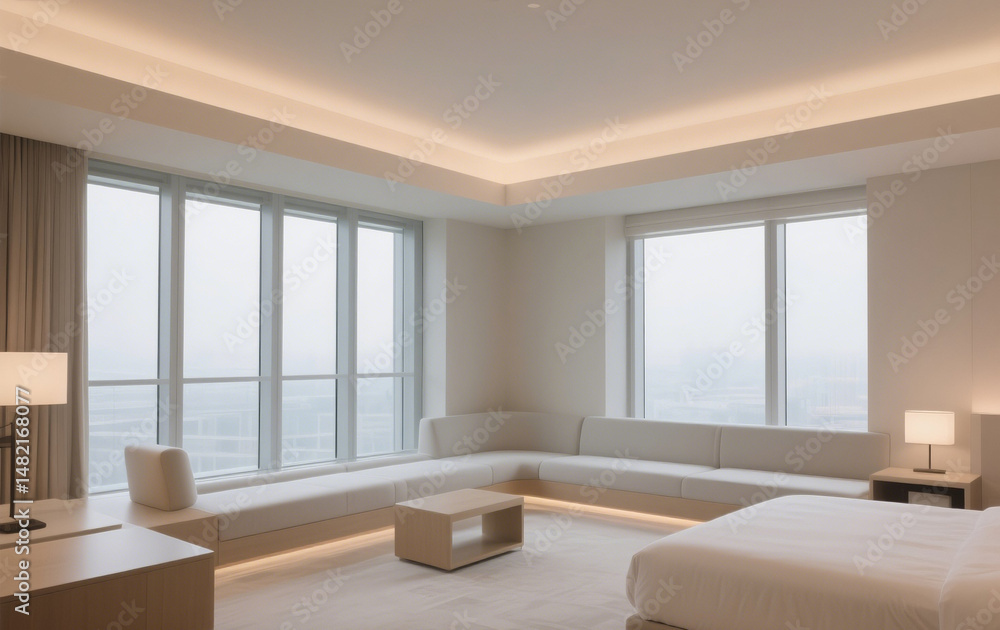 Fototapeta premium Modern hotel interior with large windows, and soft lighting.