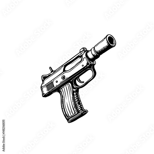 Detailed monochrome illustration of a handgun with suppressor on white background
