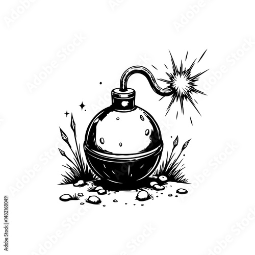 Illustrative sketch of a spherical cartoon bomb, fuse lit, on rough ground