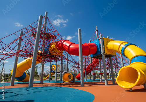 Colorful playground structure with slides and climbing net against a blue sky