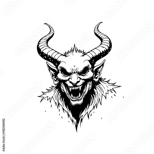 Intricate depiction of a horned demon with piercing gaze and sharp fangs