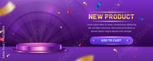Purple product podium with New Product text and confetti
