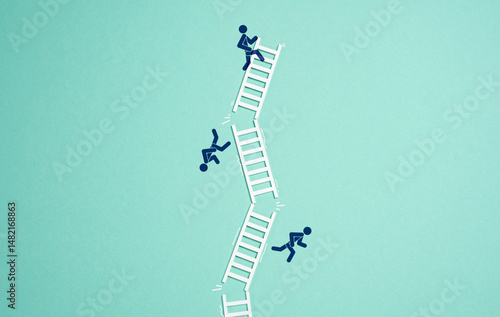 Ladders fall with people. Concept of business or agreement collapse. Mission failure, group collapse and disintegration. Unfair competition hurts business. Organizational failure, competitive sabotage