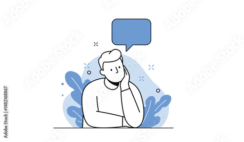 Pensive person with thought bubble in minimalist design for creative concepts and ideas