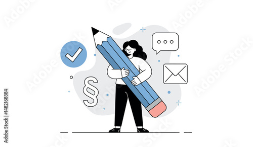 Creative illustration of a person with a giant pencil surrounded by symbols of communication and writing